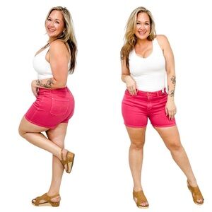 Judy Blue Hi-Rise Garment Dyed Magenta Pink Shorts Yellow Stitching NWT L